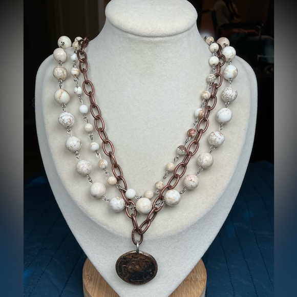 Triple Layer Necklace with Vintage Greek Coin and Rustic Howlite Beads - 17” - Picture 9 of 12